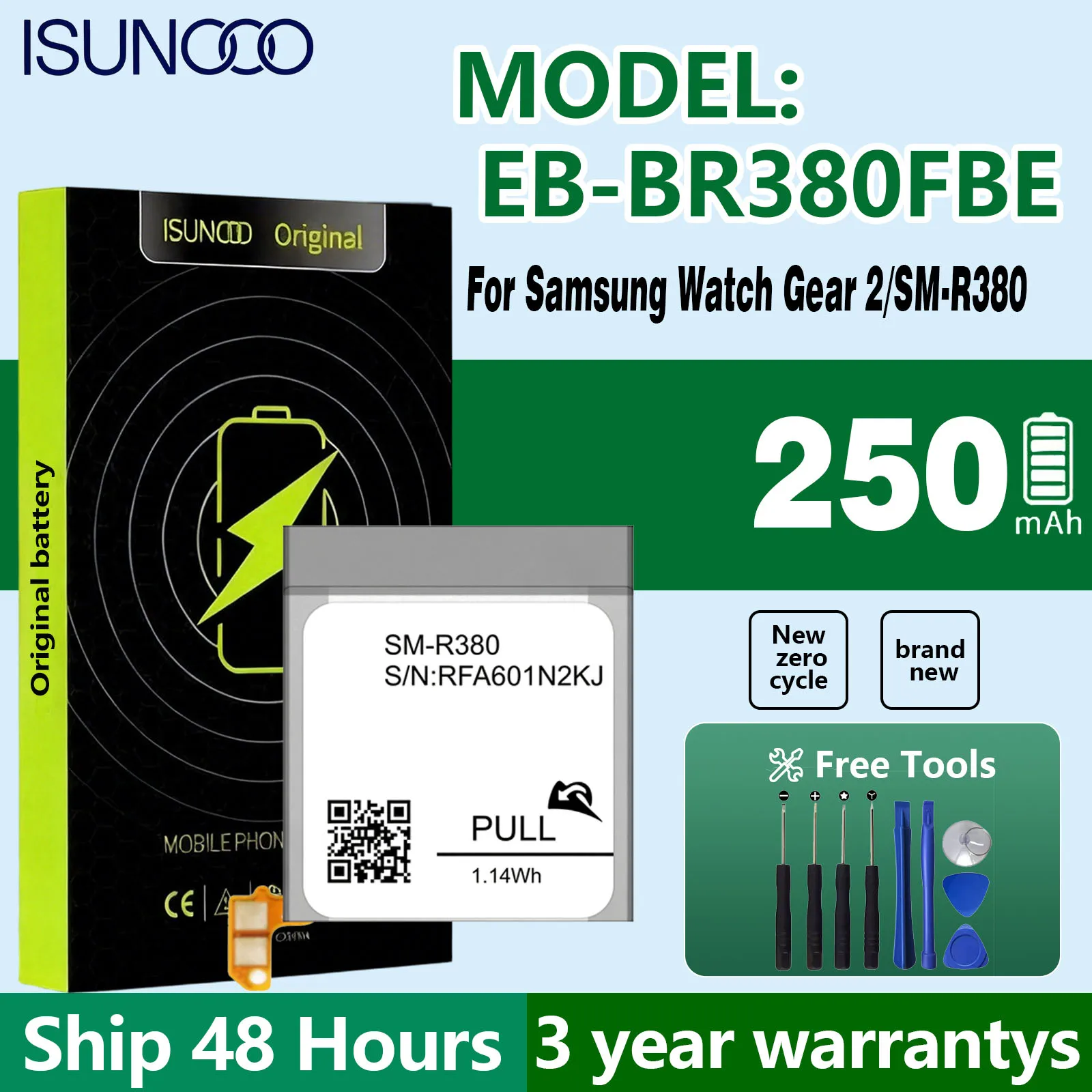 250mAh EB-BR380FBE Replacement Battery for Samsung Watch Gear 2/SM-R380 with Repair Tools Kit