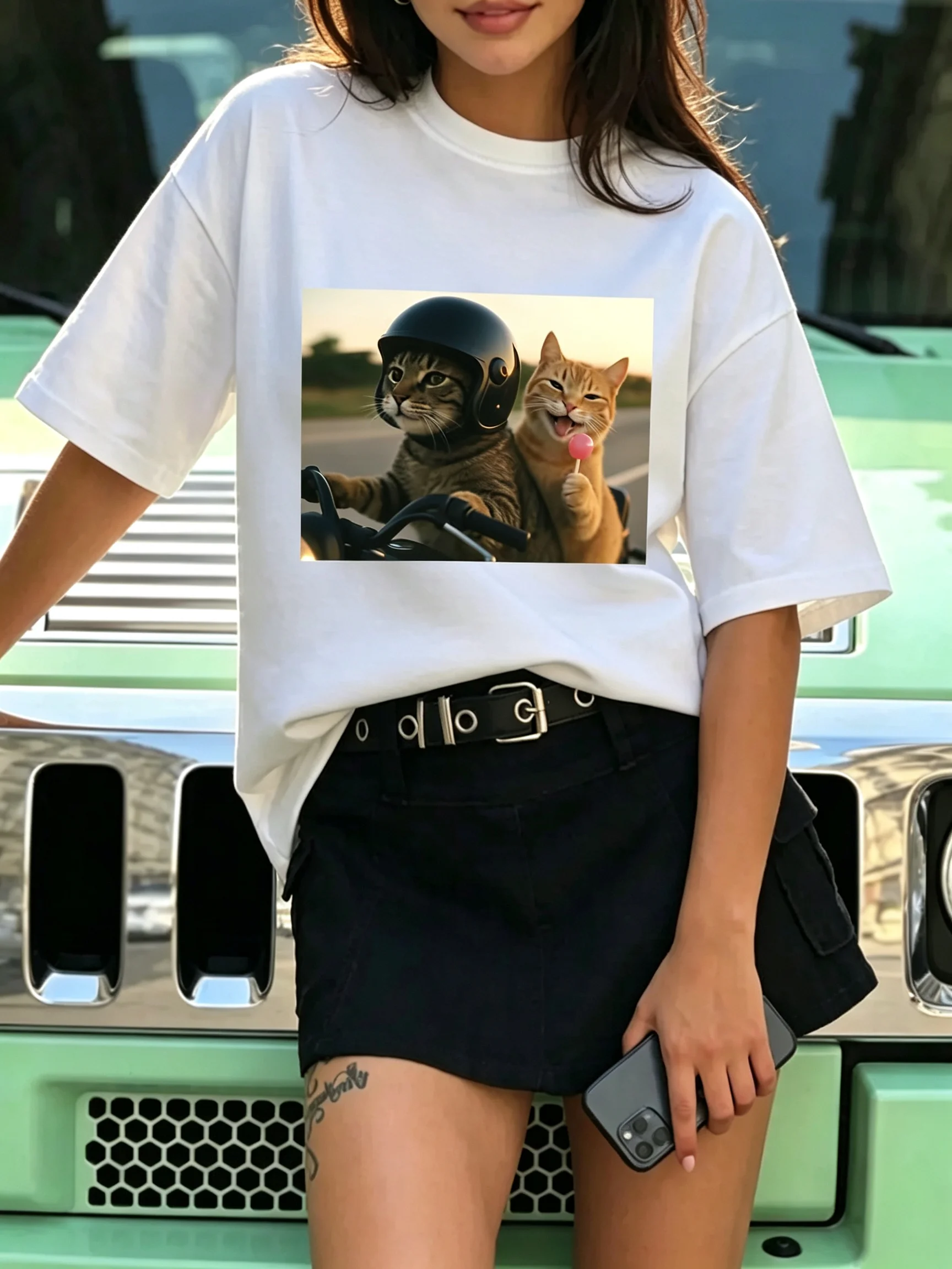 Fantastical Cat Double T-shirt (Riding Cat and Lollipop) - Black Short Sleeved Round Neck Summer Edition Unisex