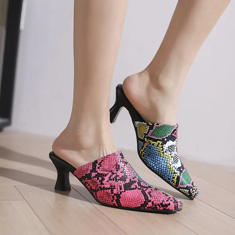 

Contrast Color Symmetric Pattern Snakeskin Print Closed Toe Thick High Heeled Slides Women Summer Slippers Sandals Heels Mules