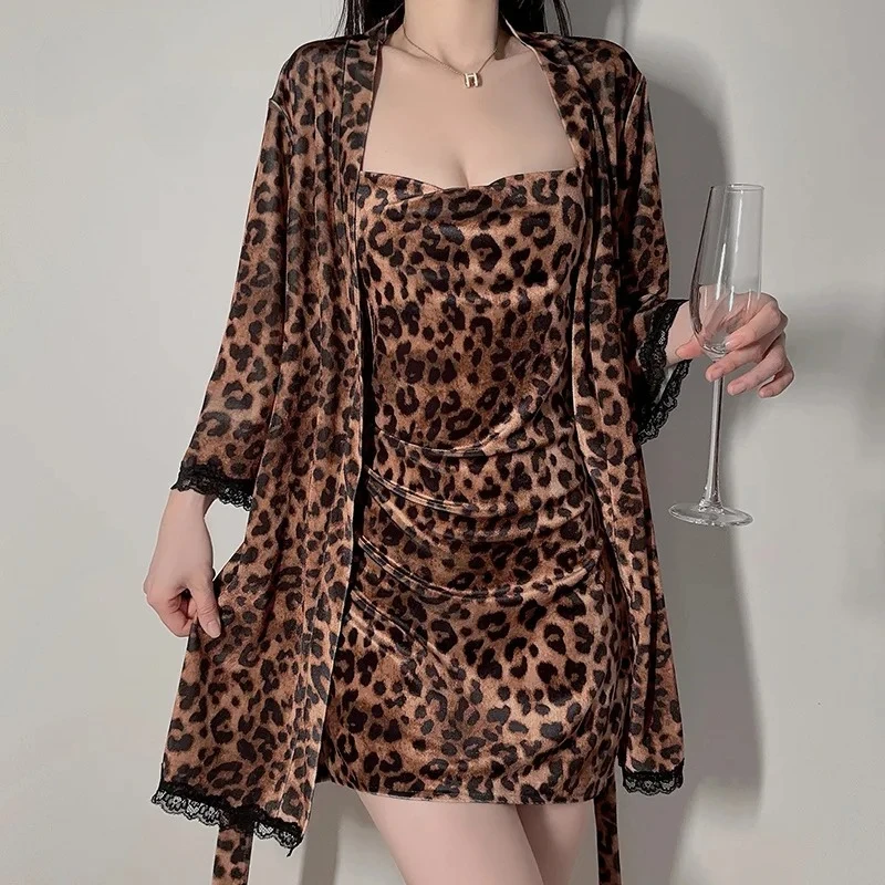 

Two Piece Robe Suit Women Velour Lace Kimono Bathrobe Nightgown Loungewear Spring Femme Dressing Gown Sleepwear Lingerie