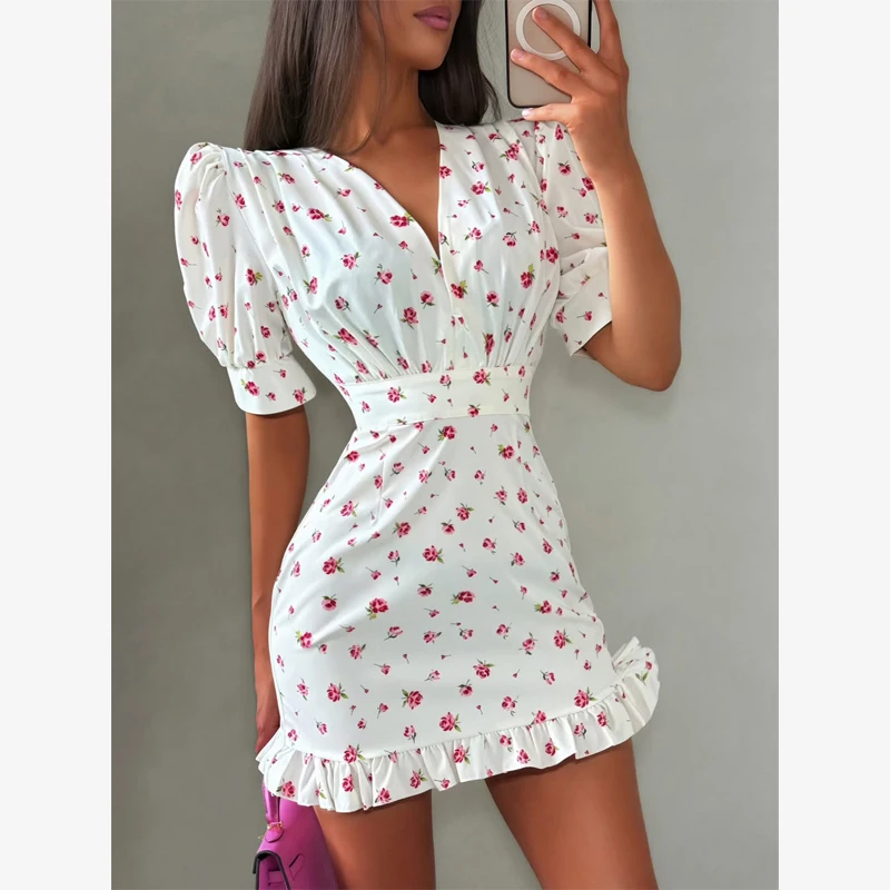 Chic Printed Slim Fit Mini Dress Women Elegant V-neck Puff Short Sleeves Waist Cinching Dresses 2026 Summer Lady Party Robes New