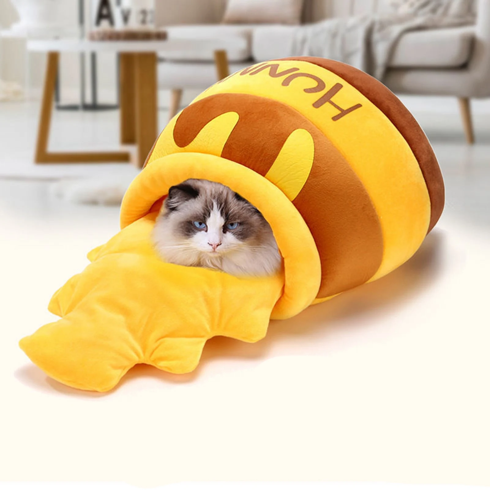 Cat Bed House Cat Cave Bed Pet Sleep Bed Cat Cave Bed Warm Soft Removable Cushion Honey Pot Shape Cute Pet Bed House for Puppy