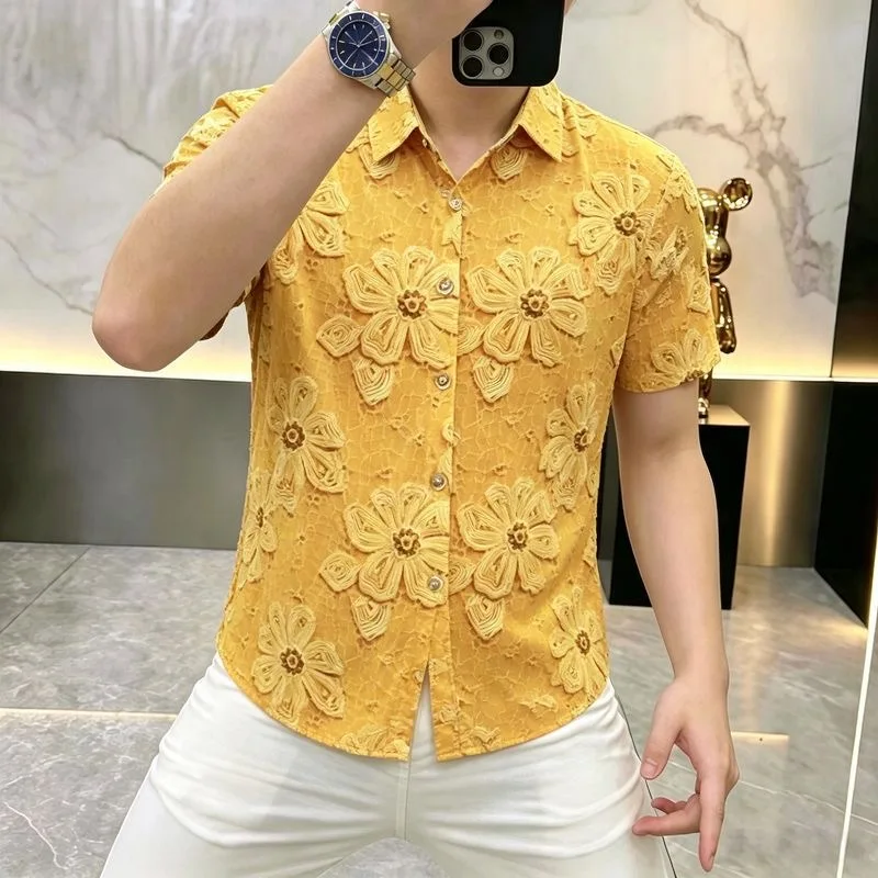 Summer New Style Men's Yellow Flower Print Ice Silk Short Sleeve Shirt Casual Fashion Trend Collar Upgraded Fit Polyester Fiber