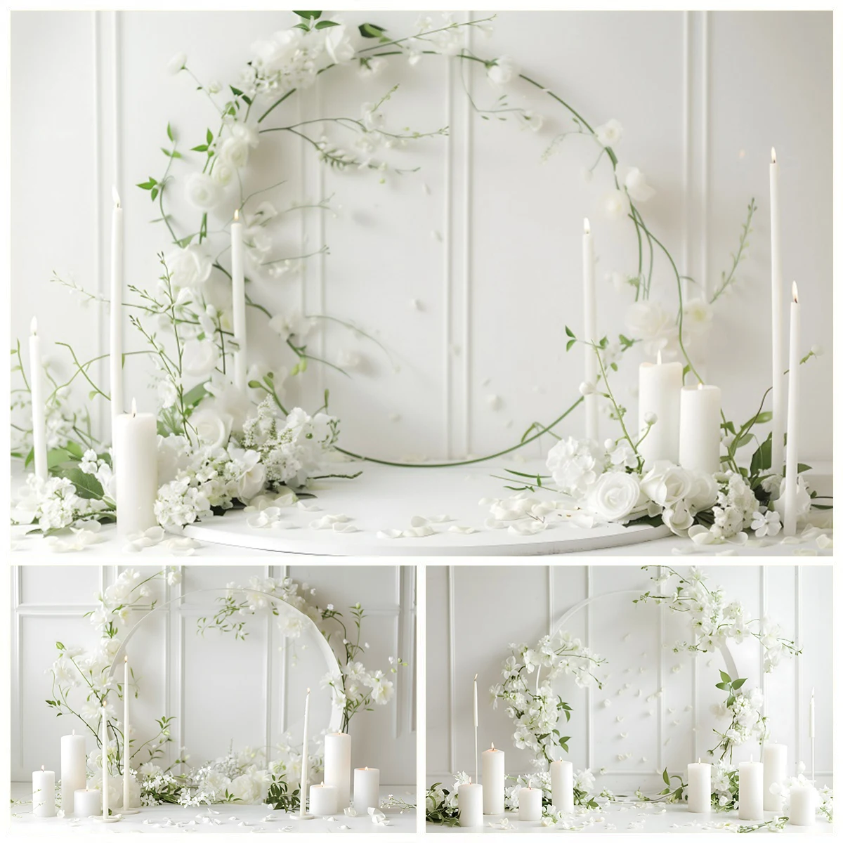 

Wedding Photography Backdrop Indoor White Garland Floral Candles Maternity Adult Portrait Bridal Shower Photo Background Decor