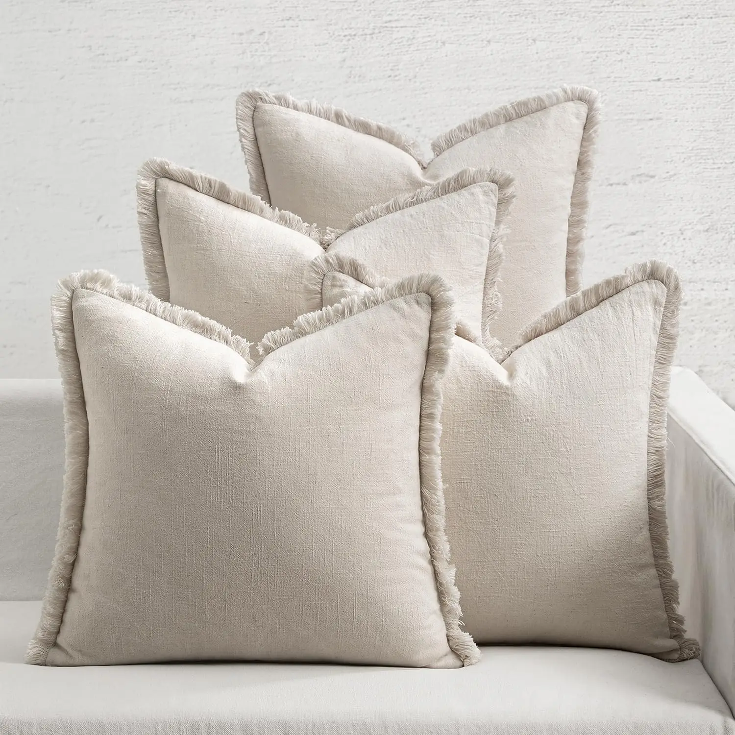 Decorative Couch Pillow Covers Neutral Beige Linen Fringe Throw Pillows Boho Cushion Covers Soft Accent Pillowcases for Bed