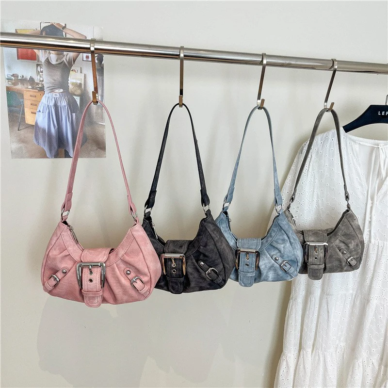 Belt Buckle Hobo Shoulder Bag,Women Motorcycle Biker Style Wasteland Edgy Canvas Handbag,Chic Casual Everyday Commute Purse