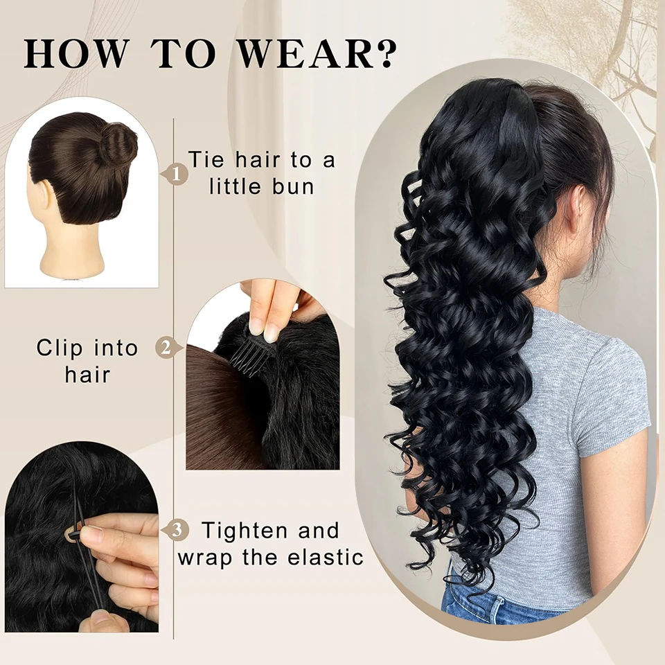 Doczepiane włosy syntetyczne typu \"wodna fala\" z regulowanym sznurkiem, 24-28 cali, kręcone kucyki dla kobiet, czarno-brązowe, do codziennego użytku.