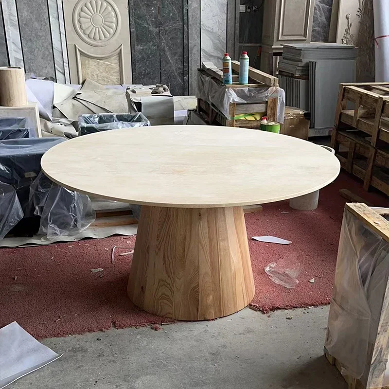 Обеденный стол из натурального мрамора Гостевой ресторан Светлый роскошный обеденный стол из травертина Атмосфера отеля Скандинавский круглый ретро