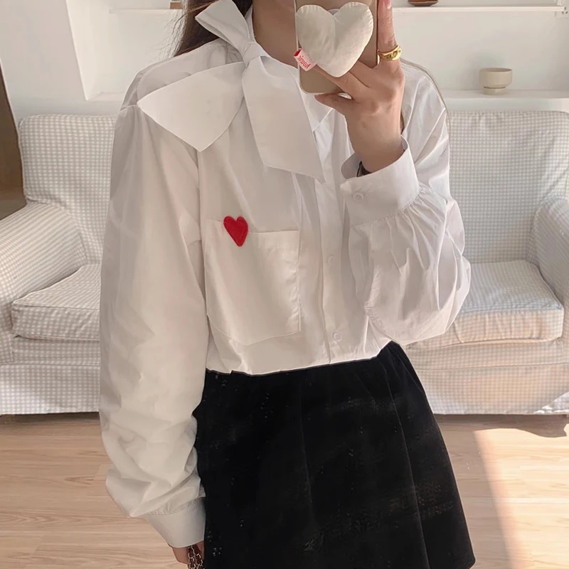 Nomikuma Korea Chique Lente Elegante Opstaande Hals Strik Causa Hitkleur Love Hart Lange Mouw Blouse Vrouwen 2024 Nieuwe Top Shirt