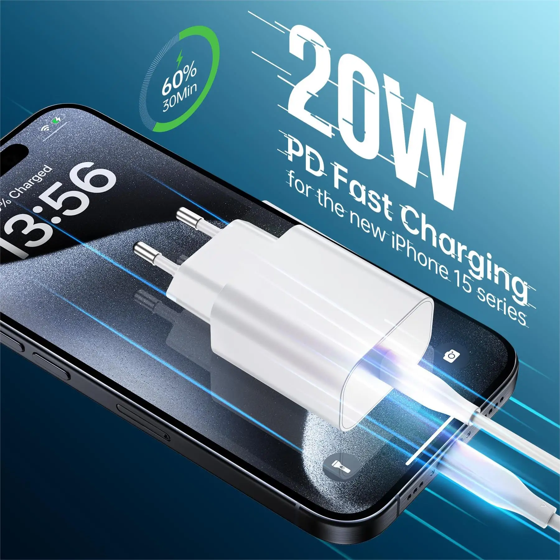 PD 20W Fast Charging EU Charger Plug with 1M/3FT Cable for iPhone iPad