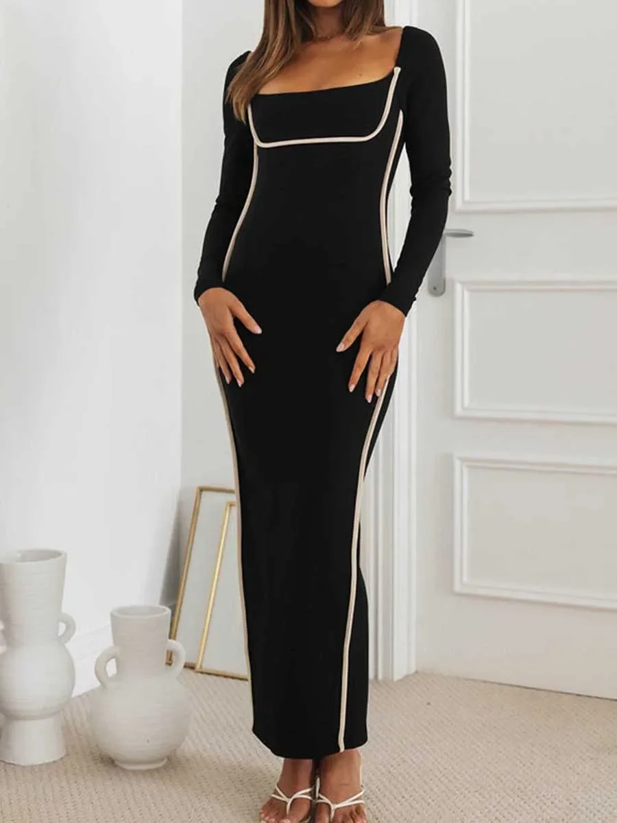 

2024 Spring Autumn Women Long Dress Long Sleeve Square Neck Back Split Contrast Color Slim Fitted Dress Streetwear