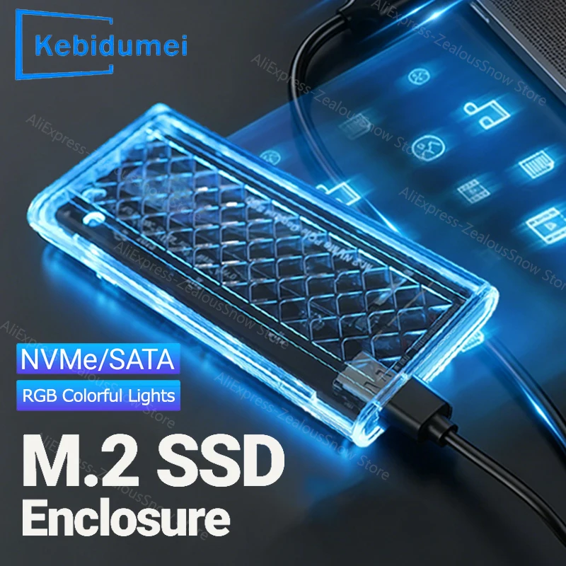 

KEBIDUMEI RGB M.2 SATA NVMe SSD Case Clear 5/10Gbps Hard Disk Box USB3.2 Gan2 for M.2 NVMe NGFF SSD External Enclosure Adapter