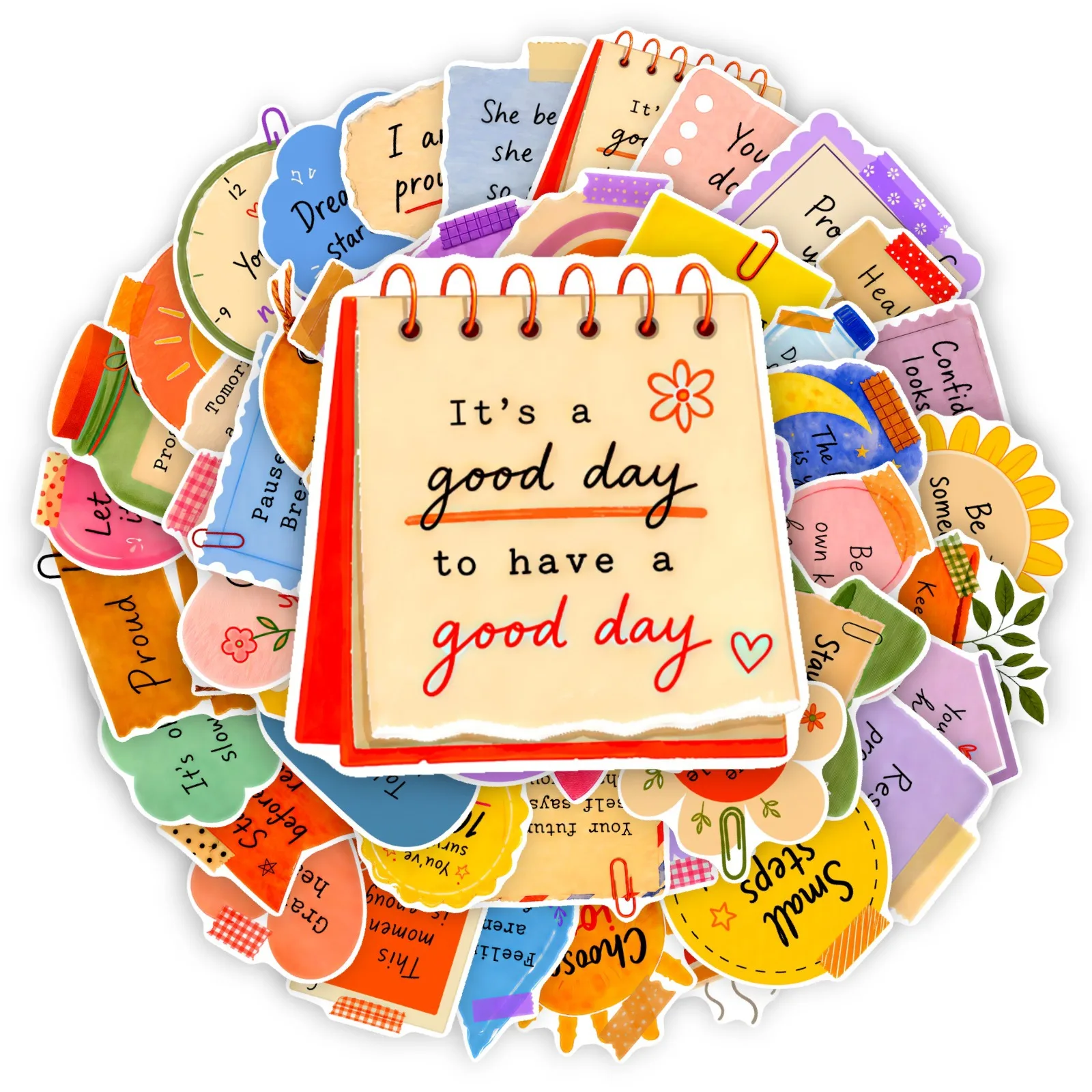 50Pcs Colorful Note Strip Self Care Encouraging English Quote Waterproof Stickers for Skateboard Helmet Reward Journal DIY Decor