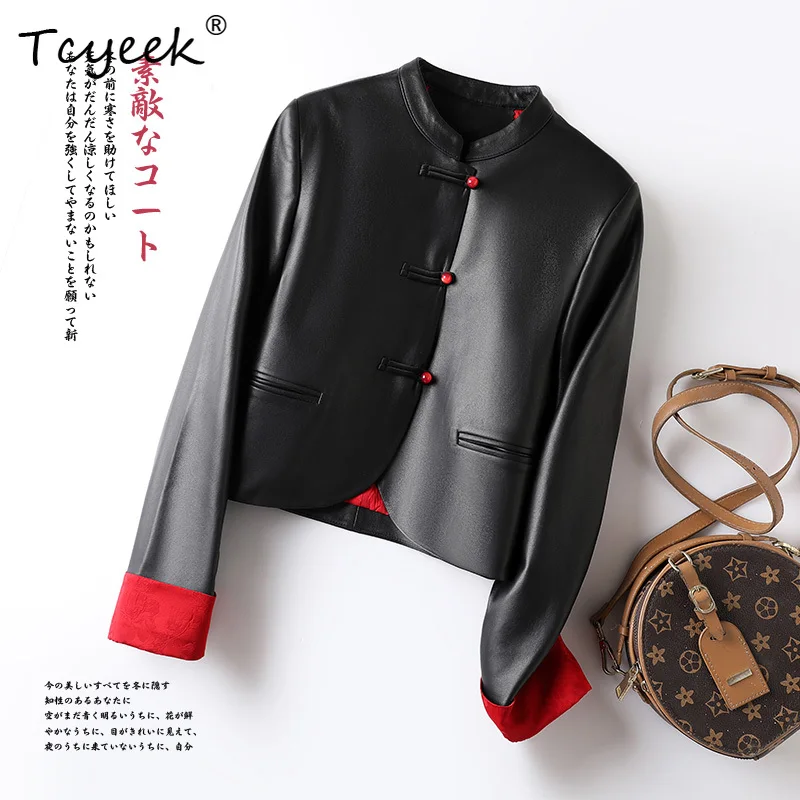 Tcyeek Strato superiore di pelle di pecora Primavera Autunno Nuovo stile cinese Colletto rialzato Giacca di pelle da donna nera Ж Dön yisжаха Куртка