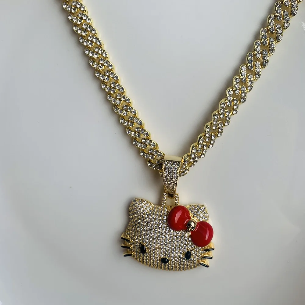 Collier avec Pendentif en Diamant Sanurgente Hello Kitty pour Fille, Bijoux Kawaii, Style Cubain, JoHip Hop, Cadeau