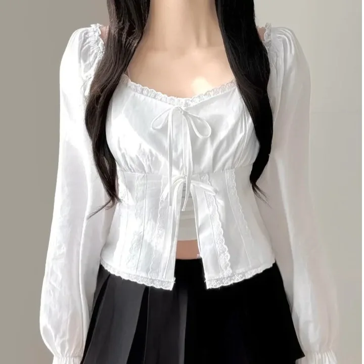 

Chic Spring Short Sleeveless Women's Shirt Bow Tie Waist Cotton Polyester Blend Breathable Comfortable Korean Style Blouse
