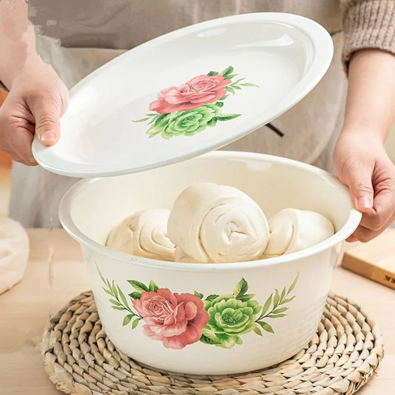 Floral Pattern Extra Thick Enamel Bowl with Lid Lard Bowl Fresh-keeping Bowl Nostalgic Hand Washing Bowls Soup Bowls Soup Pot