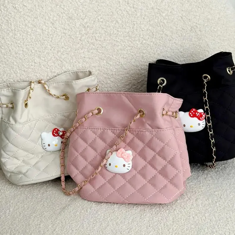 

Kawaii Miniso Hello Kitty Bucket Bag Women's Anime Versatile Lingge Chain Bag Commuter Bag Large Capacity Crossbody Bag