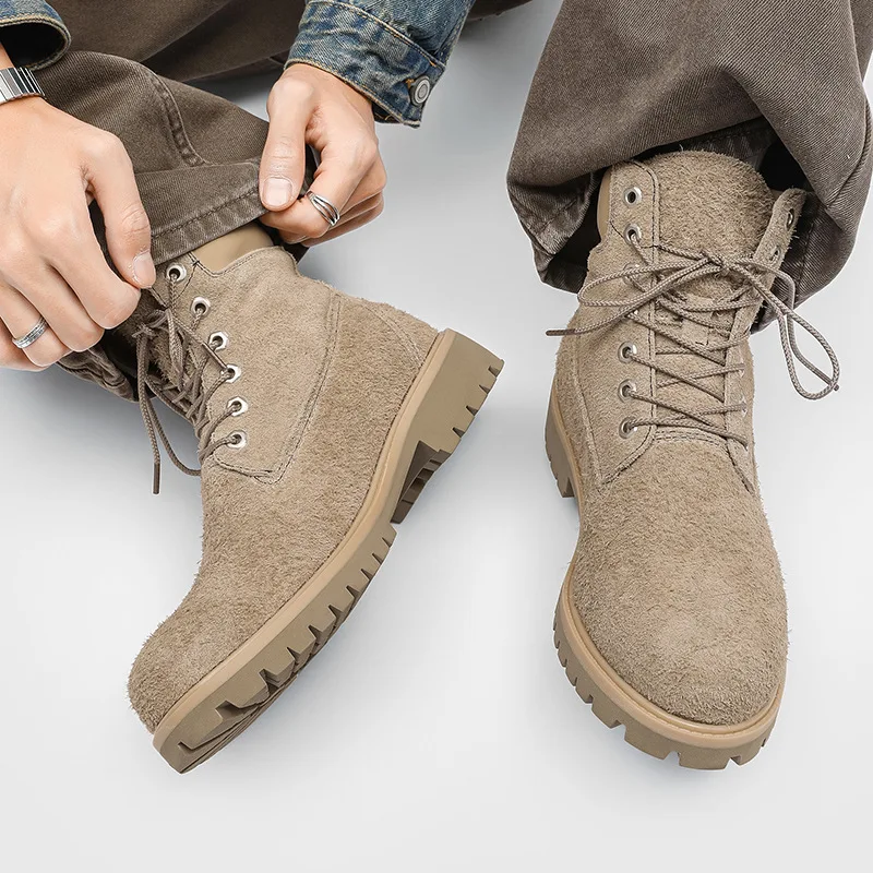 men's fashion cow suede leather boots designer lace-up platform shoes outdoors cowboy tooling work boot stylish ankle botas mans
