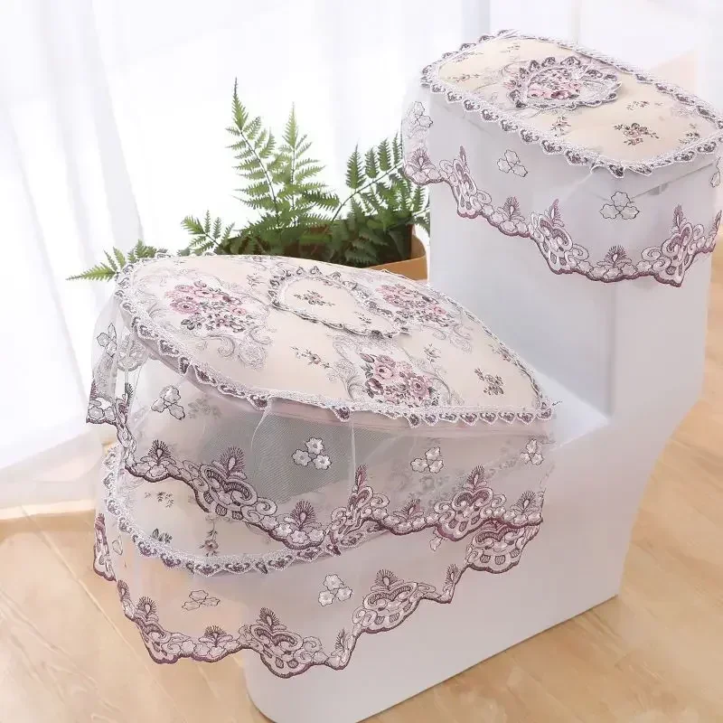 Summer Lace Embroidered Toilet Three Piece Set European Wavy Edge Zipper Closestool Mat U-shaped Non-slip Toilet Dust Cover