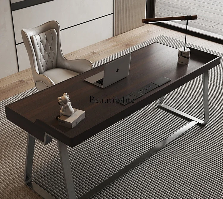 FG-*Solid wood desk Italian minimalist high-end study designer smoked wood computer office desk and chair