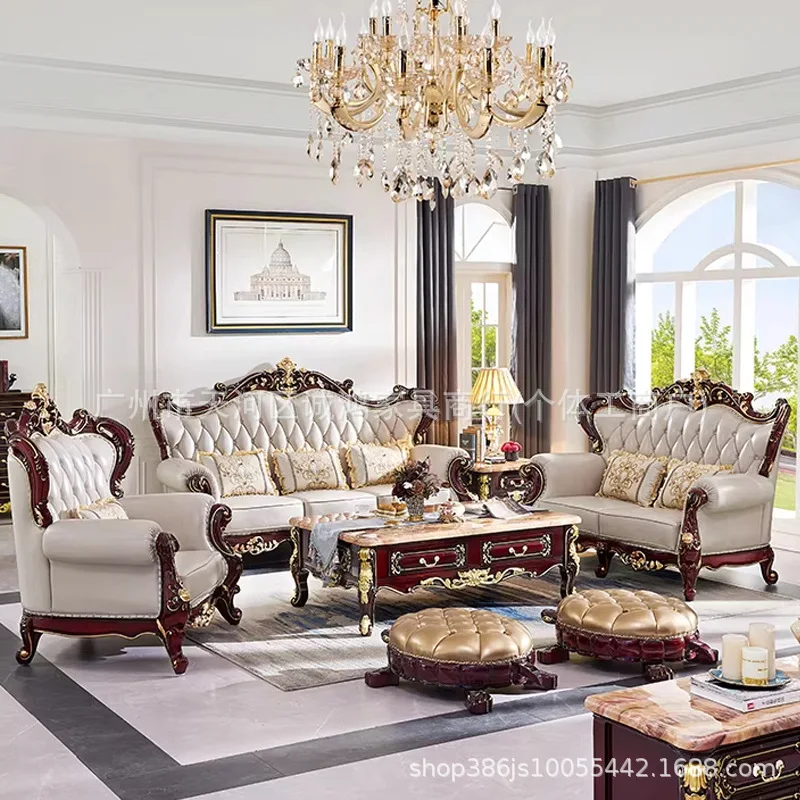 SA-12European-style Sofa Solid Wood Carved Living Room Genuine Leather 123 Combination Classic First-grain Cowhide Furniture Set