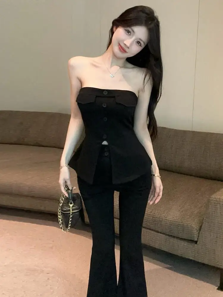 

American Hot Girl Casual Fashion Two-Piece Set One Shoulder Design Waist Cinching Slit Vest Wide Leg Flared Pants Ensemble