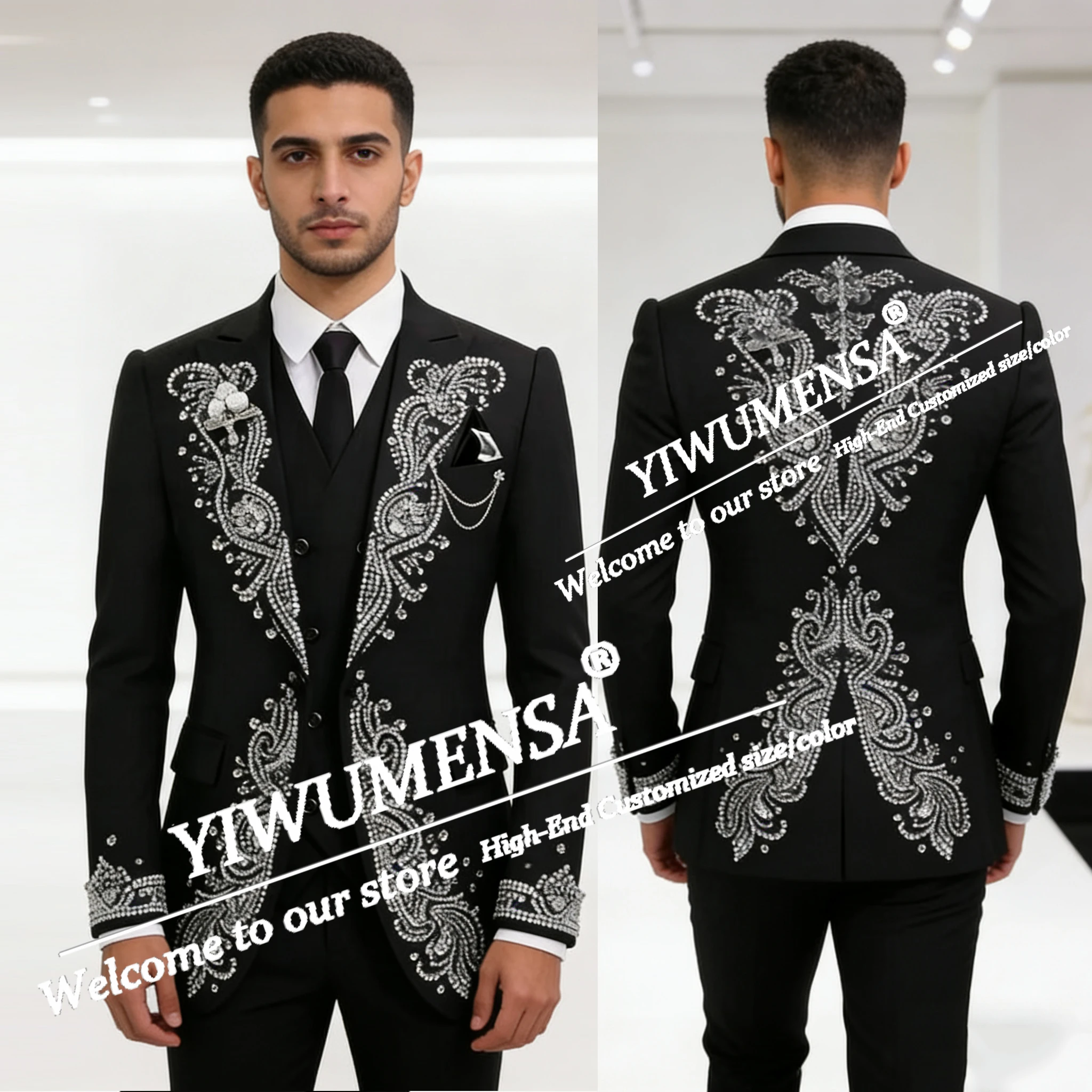 

Rhinestones Beaded Suit Men Slim FIt Single Breasted Groom Blazers Customized 3 Piece Set Man Banquet Tuxedos Terno Masculinos