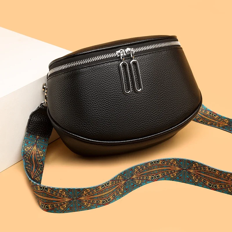Women Genuine Leather Crossbody Bag Cowhide Half Moon Zipper Shoulder Bag Wide Strap Sling Messenger Purse