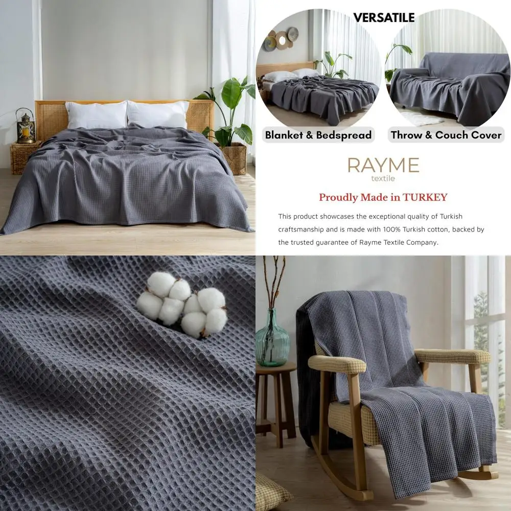 

King Size Turkish Cotton Waffle Blanket - Soft, Breathable, Light Summer Cover - 90 x 110, Dark Gray
