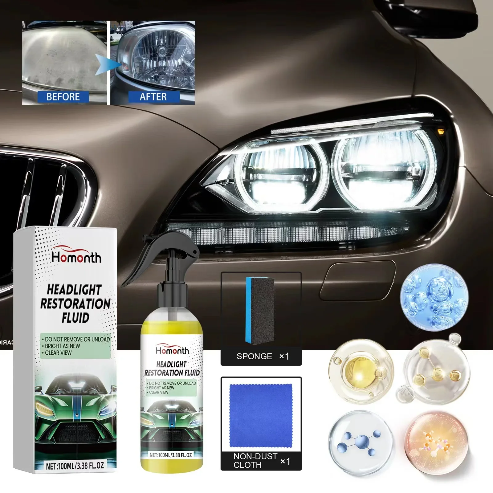 Car Headlight Restoration Kit Vehicle Headlamp Repair Fluid Kit Sponge Cloth Included Rinse Free Long Lasting For Dirt And Haze