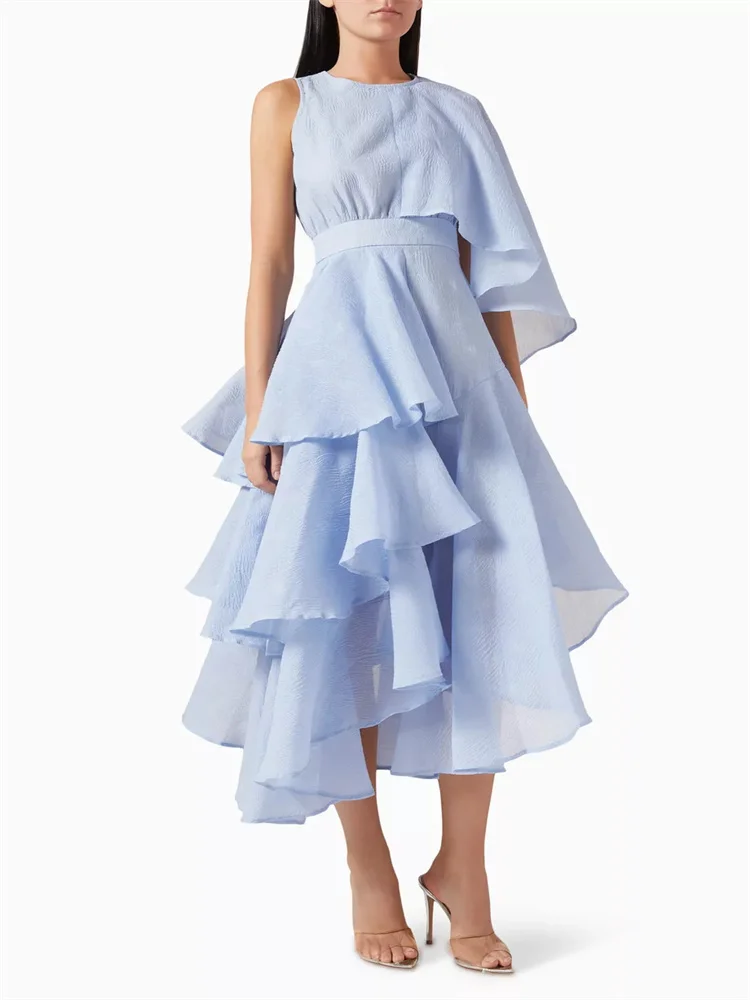 

New Arrival Round Neckline Half Sleeves A-Line Prom Dress Zipper Back Ankle Length With Ruffle Asymmetical Gown For Women 2024
