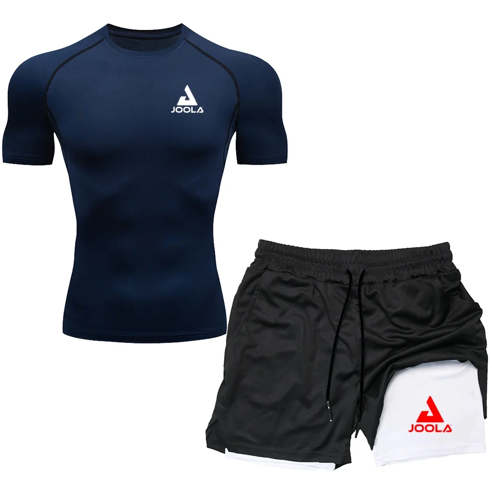 

JOOLA Men's Compression Sportswear Set, Breathable Short Sleeve T-shirt + Double Layer Running Shorts, Quick Dry Gym Fitness Tra