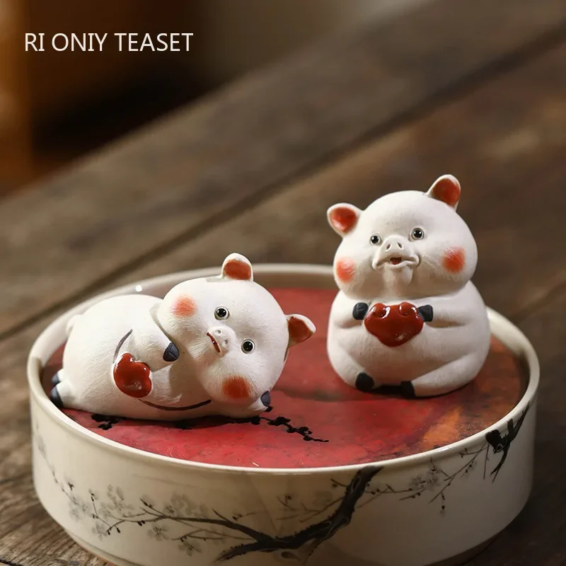 Chinese Yixing Purple Clay Tea Pet Cute Pig Statue Figure Ornaments Desktop Handmade Sculpture Crafts Zisha Tea Set Decoration