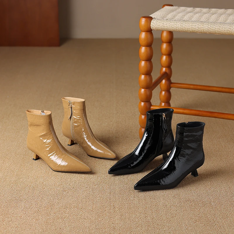 

Women Genuine Leather Pointed Toe Side Zipper Slim Fit Kitten Heel Ankle Boots