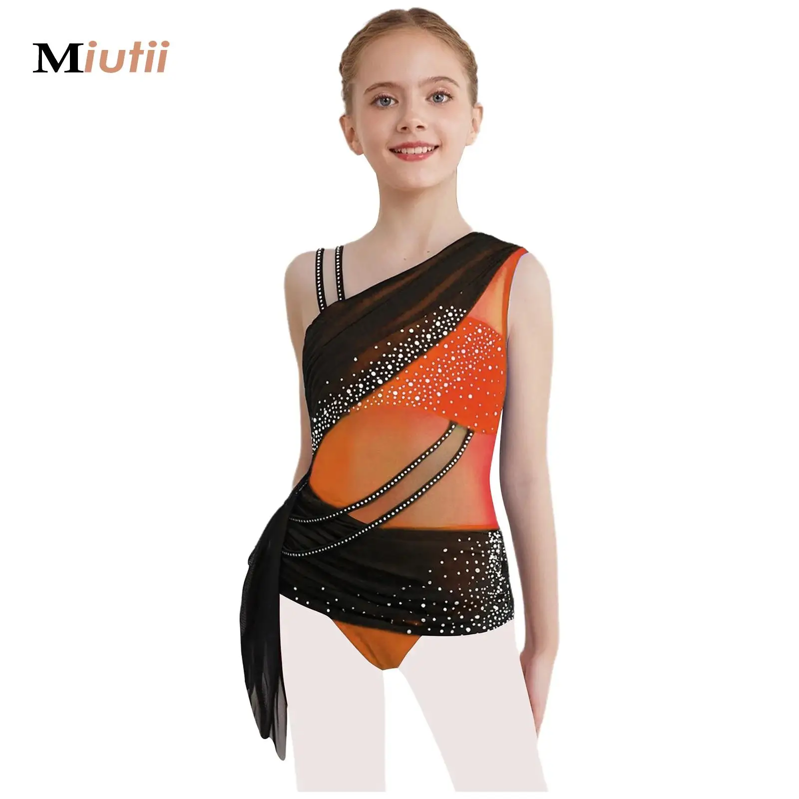 

Girls Gymnastics Sparkly Rhinestones Ruched Leotards Dress Kids Artistic Figure Skating Ballet Lyrical Dance Performance Costume