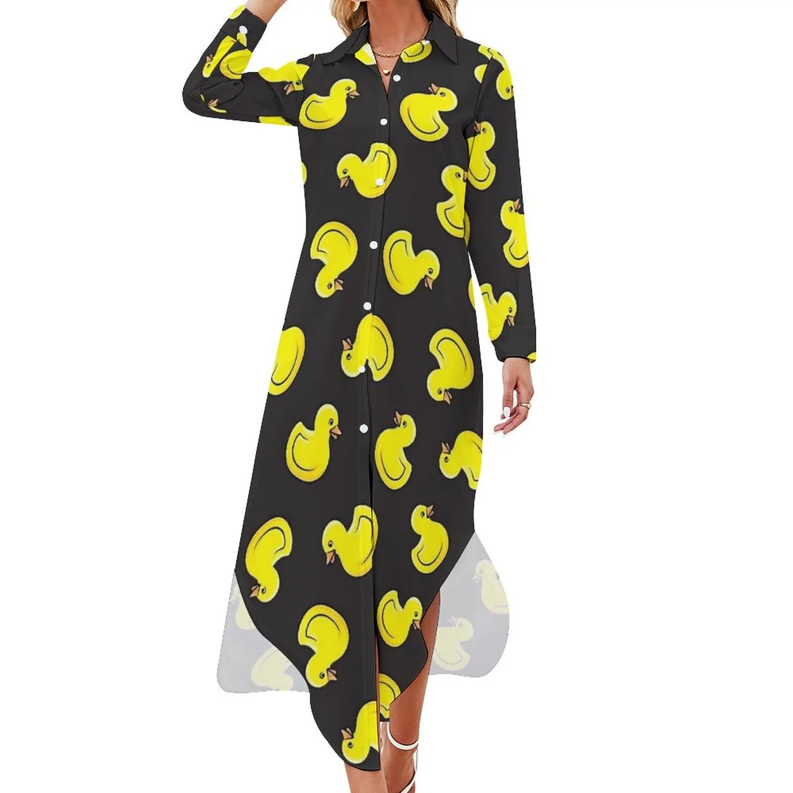 Rubber Ducks Casual Dress Duck Bath Toy Streetwear Dresses Sexy V Neck Beach Chiffon Dress Long Sleeve Vestido 4XL 5XL 6XL