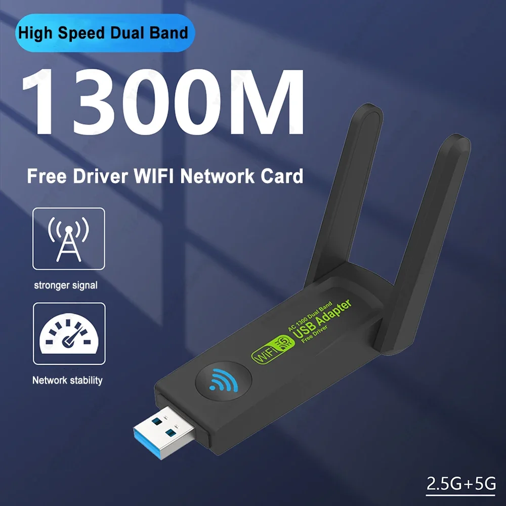 Бесплатный драйвер 3.0 USB WiFi адаптер 1300 Мбит/с беспроводной сетевой адаптер WiFi Dongle двухдиапазонный 2,4 ГГц 5 ГГц для Windows