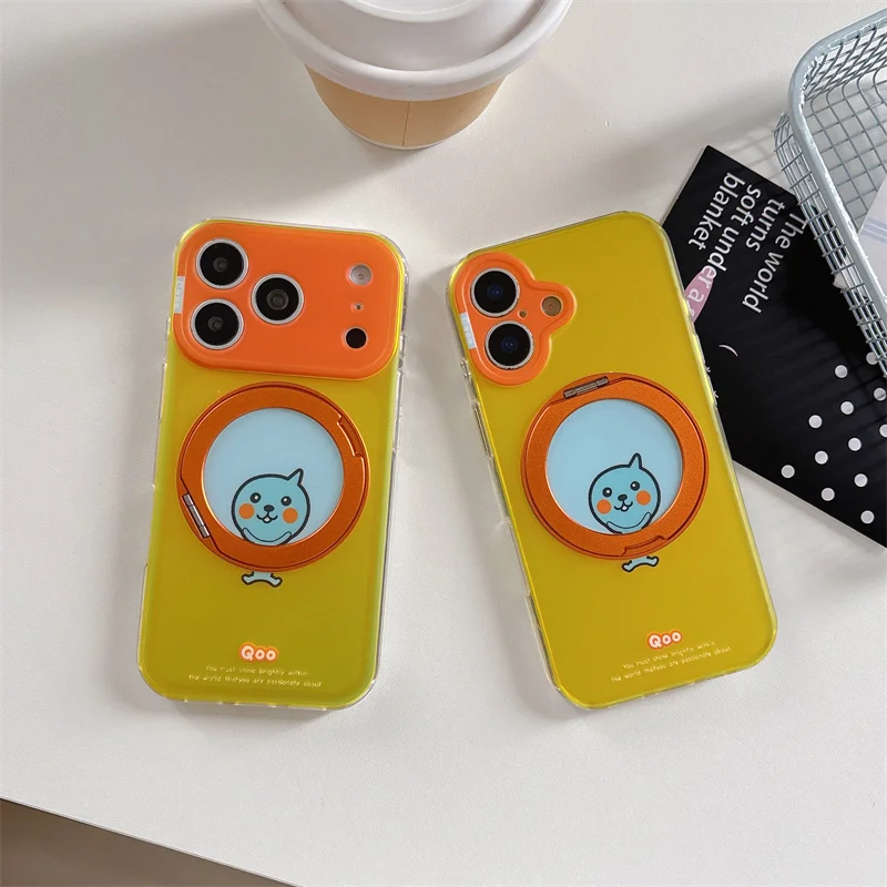 

Cartoon Figure Magnetic Ring Stand Case iPhone 17 16 15 Pro Max Yellow Orange Soft Glossy Shockproof Slim Anti Drop Phone Cover