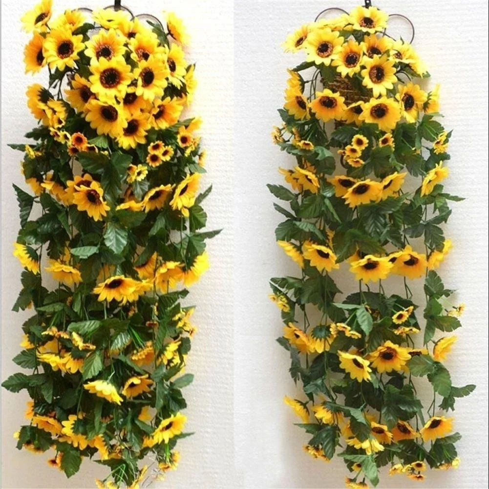 2.5M Yellow Sunflower Vine Hanging Artificial Flowers Garland Leaves Fake Silk Flowers For Party Wedding Home Decoration