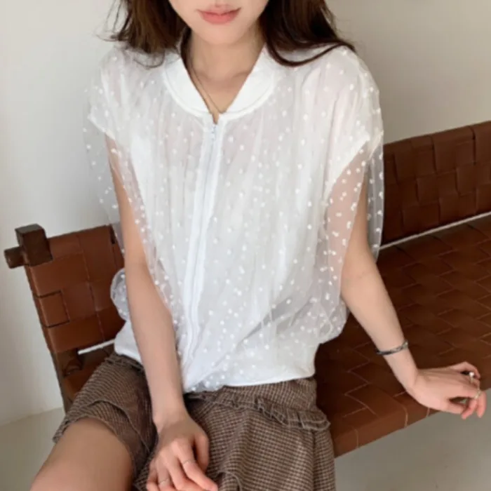 New Polka Dot Mesh Double Layer Sleeveless Baseball Jacket Women's Outerwear Short Korean Style Summer Fashion Ladies' Coat