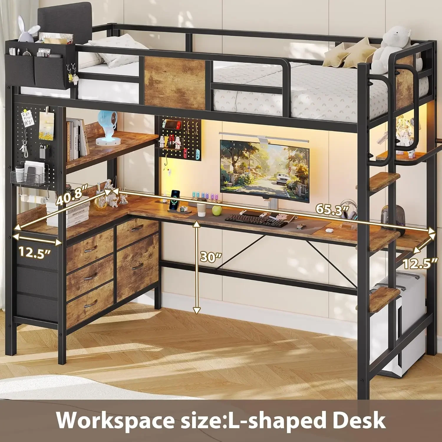 Loft Bed Twin Size with L-Shaped Desk,Heavy Duty Metal Loft Bed for Adults Teens, 5 Storage Drawers & LED Lights,Charging Statio