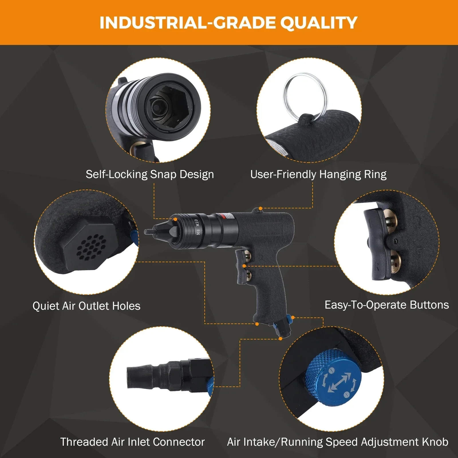 Pneumatic Rivet Nut Gun M8 M10 Self-Locking Head Gun Change Mandrels Industrial Grade Adjustable Speed Air Rivnut Gun