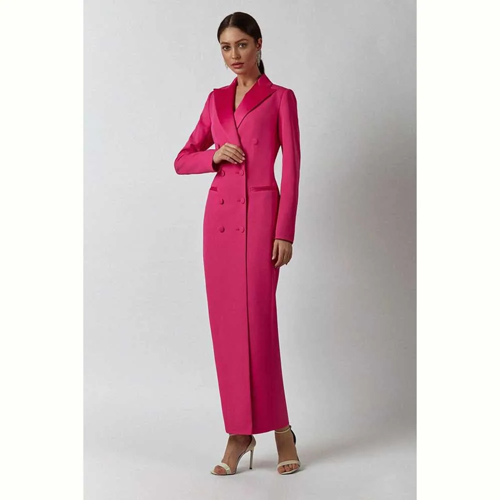 

Fashion Chic Rose Red Women's Long Jackets Double Breasted 1 Piece Female Coats Slim Fit Elegant Smart Office Lady Outerwear