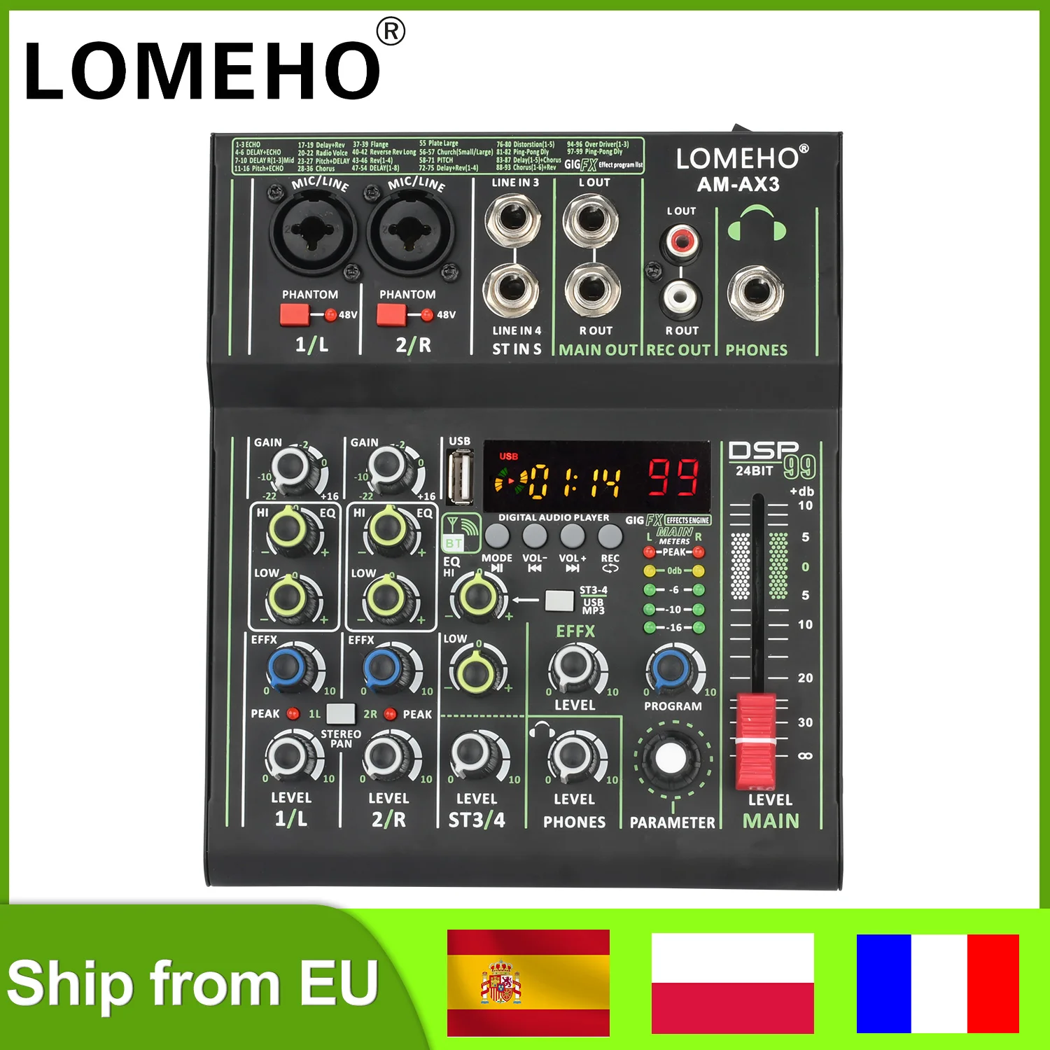 LOMEHO 4 Channel Mini Audio Mixer 99 Digital Effect 48V Portable Sound Table Bluetooth USB PC Play Record Mixing Console AM-AX3