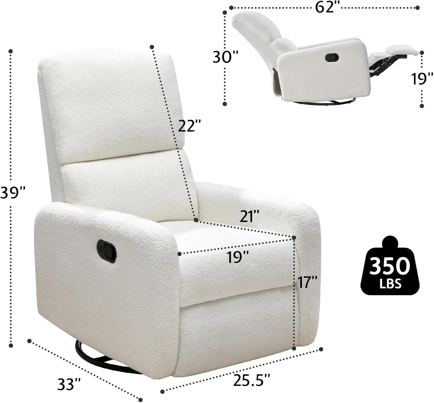 Swivel Glider Rocking Recliner, Nursery Chair for Adults with 2 Massage Points, Rocker Reclining Single Sofa Armchair