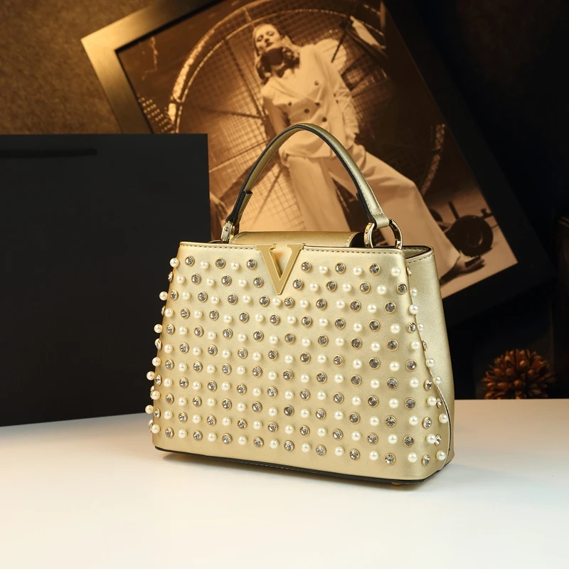 

2026 New Women's Bag Rhinestone Pearl Handbag Fashion Shoulder Messenger Bag Genuine Leather Luxury Small Square Bags
