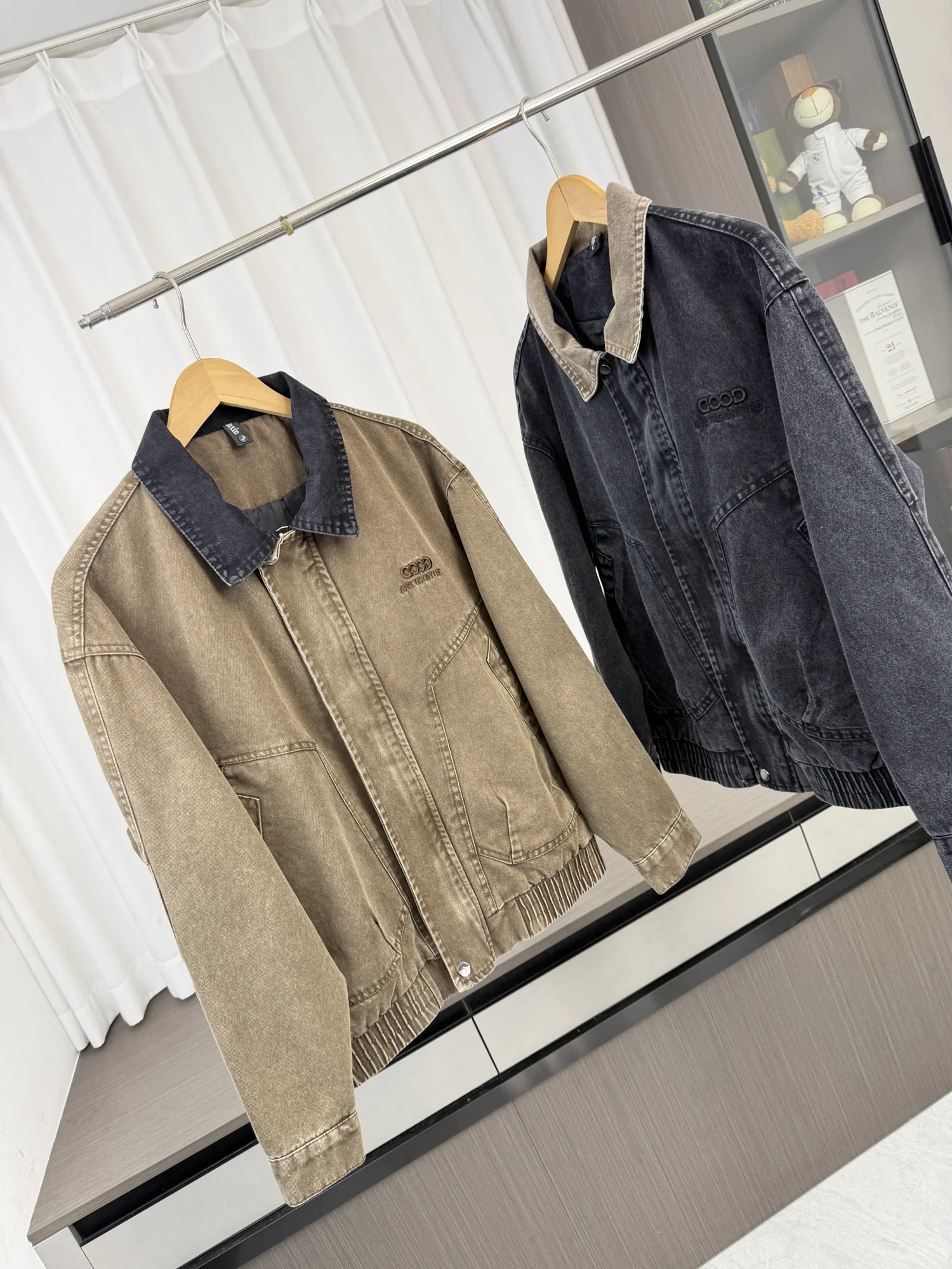 Retro American Washed Men's Casual Workwear Denim Jacket Collared Autumn Outerwear Breathable Standard Fit Youth Fashion Urba...