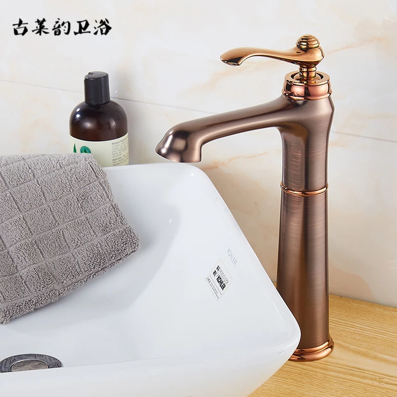 Antique faucet, rose gold, cold and hot all copper, retro classical rotating basin, washbasin