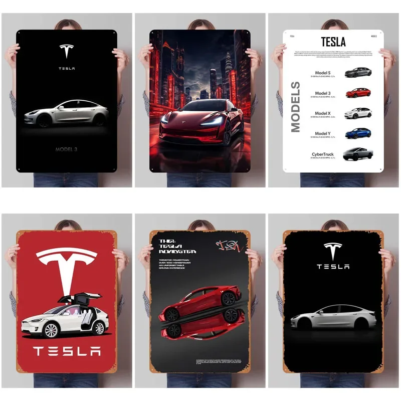 Tesla Tinplate Sign Classic Cars Poster Wall Decor Living Room Decor Men Retro Metal Sign Plaque for Garage Wall Art Decoration